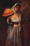 Chivuţă cu lampă by Nicolae Vermont, ulei pe carton, sold Oct 2018