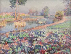 Dimineaţă la râu by Samuel Mützner, 1942, ulei pe placaj, sold Oct 2018