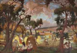 Strânsul fânului by Nicolae Enea, ulei pe carton, sold Oct 2018