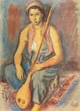 Iosif Iser, Odaliscă cu teorbă, pastel pe hârtie lipită pe carton