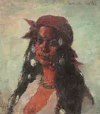 Ţigăncușă cu salbă și pipă by Octav Băncilă, ulei pe pânză, sold Oct 2018