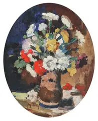 Ulcică cu garoafe by Jean Cheller, ulei pe carton, sold Oct 2018