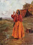 Fumătoarea de pipă by Octav Băncilă, ulei pe placaj, sold Oct 2018
