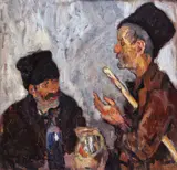 Doi prieteni by Rudolf Schweitzer–Cumpăna, ulei pe carton, sold Oct 2018