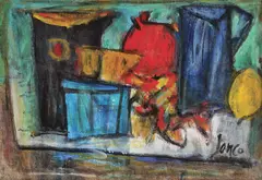 Natură statică by Marcel Janco, 1960, ulei pe pânză lipită pe carton, offered Oct 2018