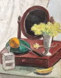 Natură statică cu narcise și oglindă by Theodor Pallady, ulei pe pânză lipită pe carton, sold Oct 2018