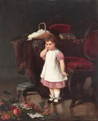 Bernhard Reinhold, Copilă, răsturnând pomiera cu fructe, 1878, ulei pe pânză