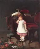 Bernhard Reinhold, Copilă, răsturnând pomiera cu fructe, 1878, ulei pe pânză