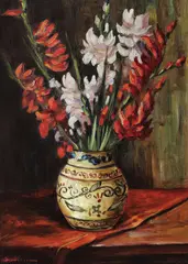 Vas cu gladiole by Constion, ulei pe placaj, sold Jun 2018