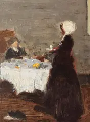 Micul dejun by Eustațiu Stoenescu, 1945, ulei pe carton, sold Jun 2018