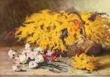 Bujori și mimoze by Elena Müller-Stăncescu, ulei pe carton, sold Jun 2018