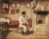 În fața vetrei by Ludovic Bassarab, ulei pe carton, sold Jun 2018
