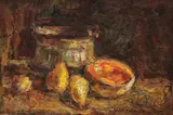 Natură statică cu dovleac şi pere by Rudolf Schweitzer–Cumpăna, ulei pe carton, sold Jun 2018