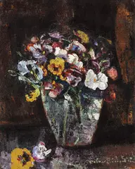 Vas cu panseluţe by Octav Băncilă, ulei pe carton, sold Jun 2018