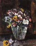 Vas cu panseluţe by Octav Băncilă, ulei pe carton, sold Jun 2018