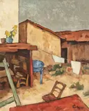 Curte la Mangalia (cofetăria lui Delureanu) by Nicolae Tonitza, 1927-1930, ulei pe carton, sold Jun 2018