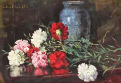 Garoafe by Octav Băncilă, ulei pe carton, sold Jun 2018