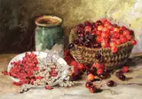 Coacăze şi cireşe by Elena Müller-Stăncescu, ulei pe carton, sold Jun 2018