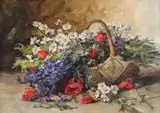 Coş cu flori de câmp by Elena Müller-Stăncescu, ulei pe carton, sold Jun 2018