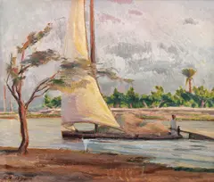 Barcă pe Nil by Leon Biju, ulei pe carton, sold Jun 2018