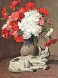 Natură statică cu garoafe şi pisică by Ludovic Bassarab, ulei pe pânză lipită pe carton, offered Jun 2018