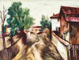 Uliţă din Huşi by Adam Bălţatu, ulei pe carton, sold Jun 2018