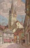 Turnul din Sibiu by Nicolae Enea, ulei pe pânză, sold Jun 2018