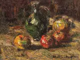 Natură statică cu ulcior și mere by Rudolf Schweitzer–Cumpăna, ulei pe carton, sold Jun 2018