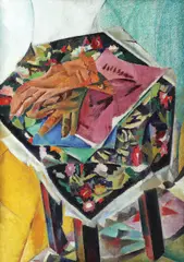 Natură statică cu librete și mănuși by Nadia Bulighin, mijlocul anilor '20, ulei pe carton, sold Jun 2018