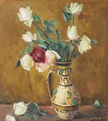 Canceu cu trandafiri by Leon Biju, ulei pe carton, sold Jun 2018