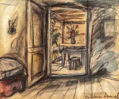 Henri Daniel, Interior, 1937, acuarelă şi cărbune pe hârtie lipită pe carton