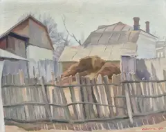 Ogradă by Cicerone Popescu, 1953, ulei pe carton, offered Jun 2018