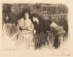 Confidențe by Nicolae Vermont, 1916, acvaforte şi gravură cu acul, sold May 2018