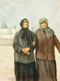 De la biserică by George Catargi, ulei pe pânză lipită pe carton, sold May 2018