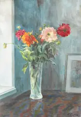 Crizanteme by George Catargi, ulei pe carton, sold May 2018