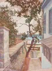 Jean Leon Cosmovici, Peisaj la Balcic (vedere dinspre vila Prințului Nicolae), 1929, acuarelă și tempera pe hârtie