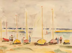 Port la Balcic by Constantin C. (Ali-Baba) Constantinescu, anii '30, acuarelă, creion și creioane colorate pe hârtie, sold May 2018