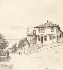 Geamie la Balcic by Ludovic Bassarab, creion pe hârtie lipită pe carton, sold May 2018