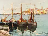Bărci în portul Arbe by Rudolf Négely, ulei pe pânză, sold May 2018