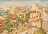 Tache Papatriandafil, Dealuri la Balcic, 1937, ulei pe carton