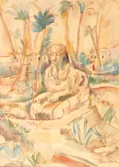 Sfinx by Elena Popea, acuarelă și tuș pe hârtie lipită pe carton, offered May 2018