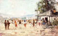 Hora de duminică by Constion, ulei pe carton, sold Mar 2018