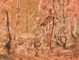 Popas la troiţă by Ignat Bednarik, acuarelă pe hârtie lipită pe carton, sold Mar 2018