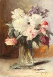 Bujori by Elena Müller-Stăncescu, ulei pe carton, sold Mar 2018