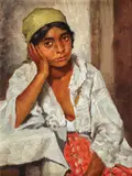 Pe gânduri by Ludovic Bassarab, ulei pe lemn, sold Mar 2018
