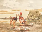 Spălatul rufelor la râu by Ignat Bednarik, acuarelă pe hârtie lipită pe carton, sold Mar 2018