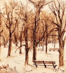 Iarna în Copou by Corneliu Baba, 1957, peniță și acuarelă pe hârtie, sold Mar 2018