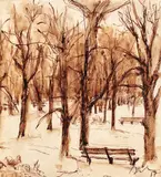 Corneliu Baba, Iarna în Copou, 1957, peniță și acuarelă pe hârtie