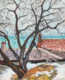 Acoperișuri la Balcic by Dumitru Ghiață, 1932, ulei pe carton, sold Mar 2018