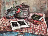 Natură statică cu album de artă, vase, flori și cărți by Gheorghe Petrașcu, 1936, ulei pe pânză, sold Mar 2018